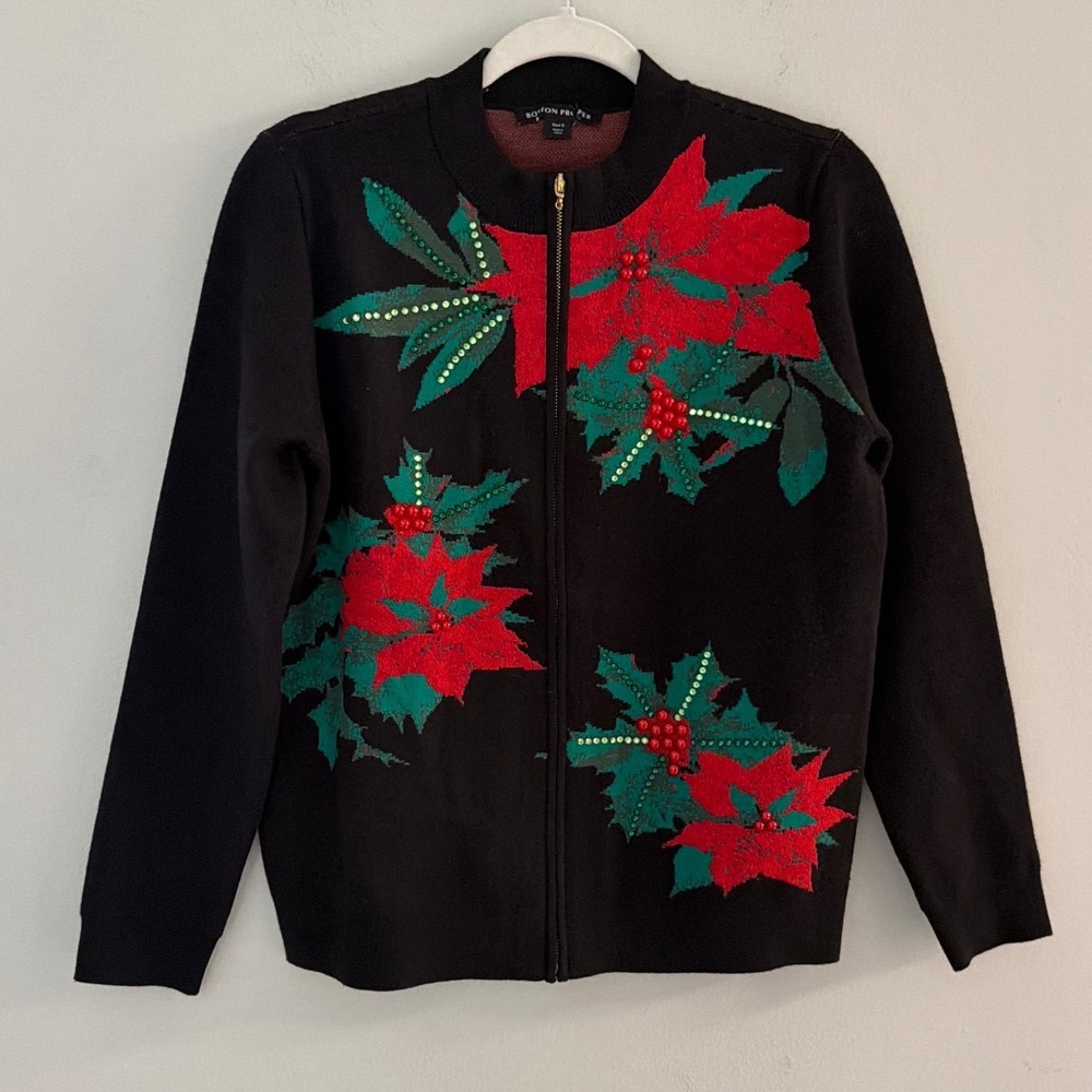 Boston‎ Proper Small Black Poinsettia Sequin Beaded Zip Holiday Cardigan Sweater